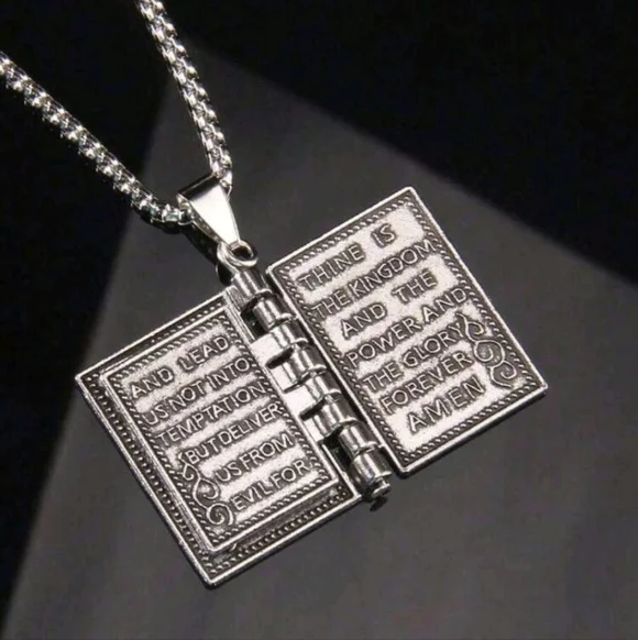 Holy Bible Book Pendant Necklace - Silver Tone - Picture 3 of 4